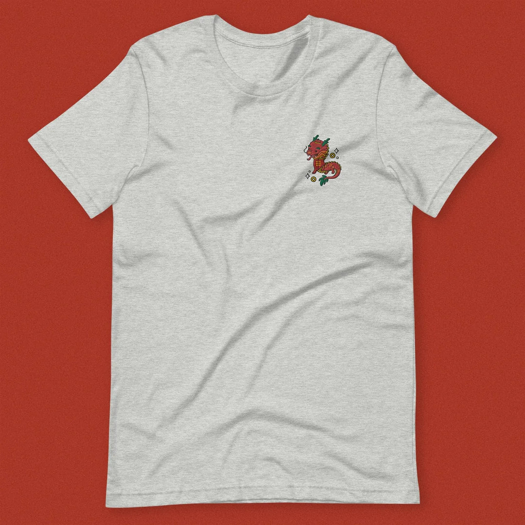 Year of the Dragon Embroidered T-Shirt / Imperfect (Final Sale) - Ni De Mama Chinese - Inspired Clothing | Heather Grey , L