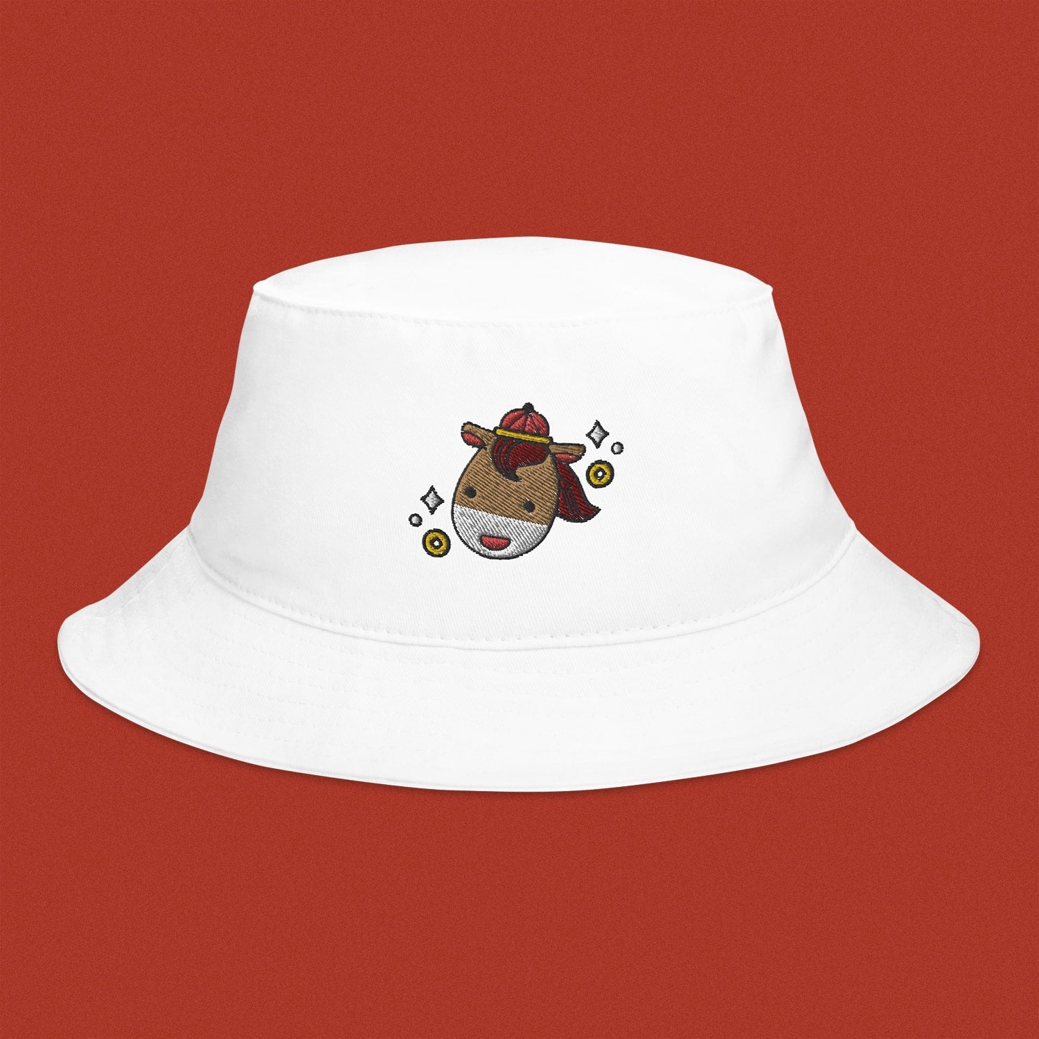 Year of the Horse Embroidered Bucket Hat - Ni De Mama Chinese - Inspired Clothing | White ,