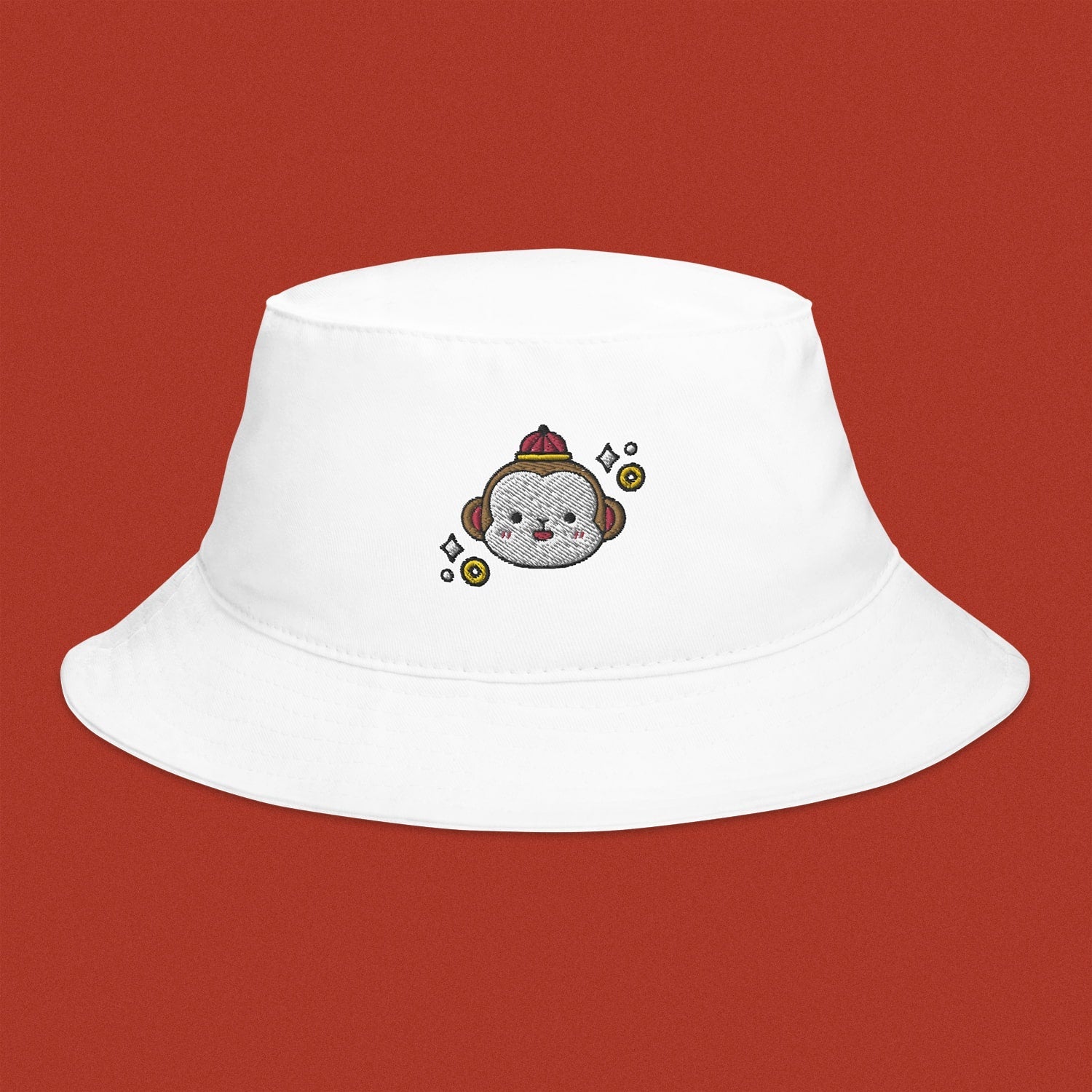 Year of the Monkey Embroidered Bucket Hat - Ni De Mama Chinese - Inspired Clothing | White ,