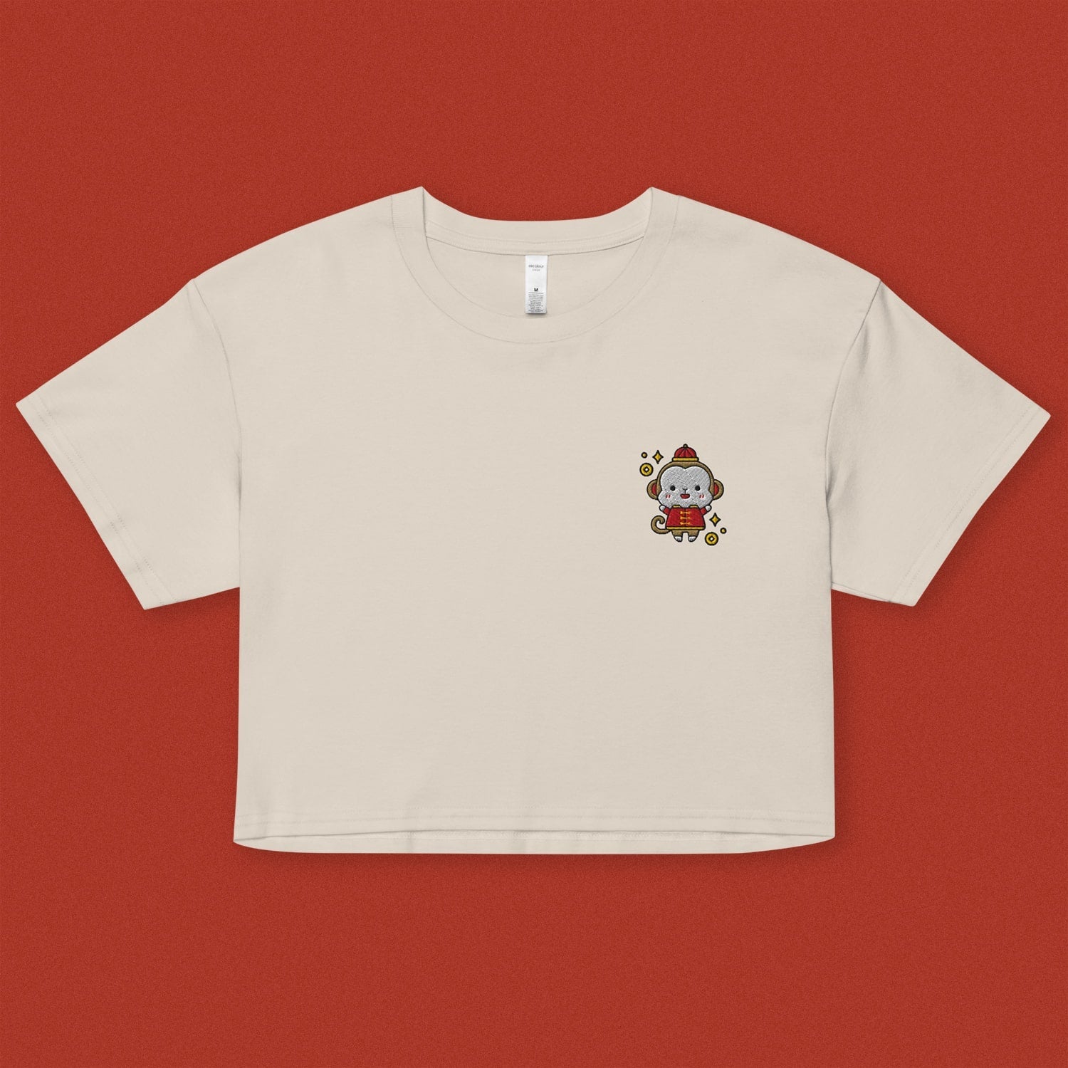 Year of the Monkey Embroidered Crop T-Shirt - Ni De Mama Chinese - Inspired Clothing | Cream , XS