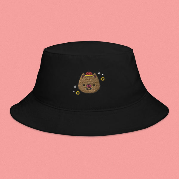 Year of the Pig Embroidered Bucket Hat - Ni De Mama Chinese - Inspired Clothing | Black ,