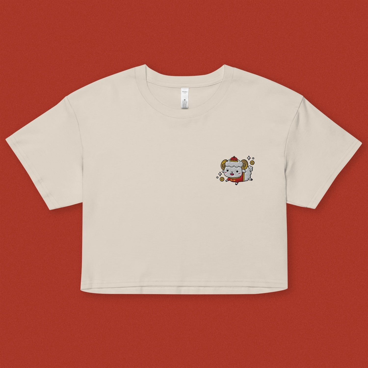 Year of the Sheep Embroidered Crop T-Shirt - Ni De Mama Chinese - Inspired Clothing | Cream , XS