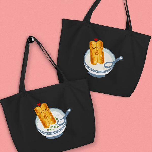 Youtiao (Fried Dough) Large Tote - Ni De Mama Chinese - Inspired Clothing | Congee , Black