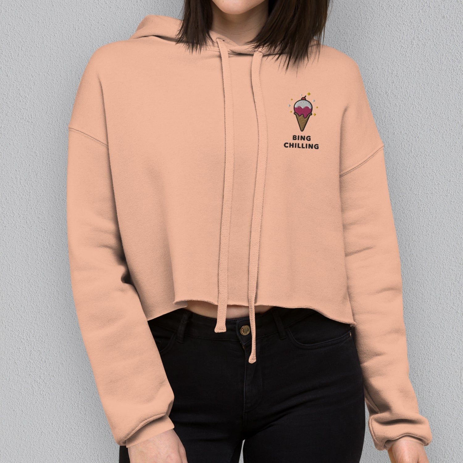 Bing Chilling Embroidered Crop Hoodie - Ni De Mama Chinese Clothing
