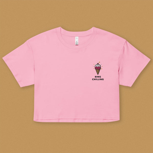 Bing Chilling Embroidered Crop T-Shirt - Ni De Mama Chinese - Inspired Clothing | Bubblegum Pink , XS