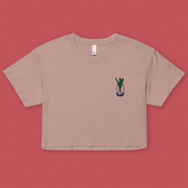 Green Onion Embroidered Crop T-Shirt - Ni De Mama Chinese - Inspired Clothing | Dusty Mauve , XS