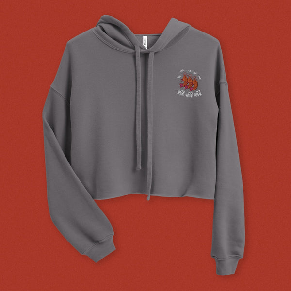 Ha Ha Ha (Shrimp) Embroidered Crop Hoodie - Ni De Mama Chinese - Inspired Clothing | Pewter Grey , S
