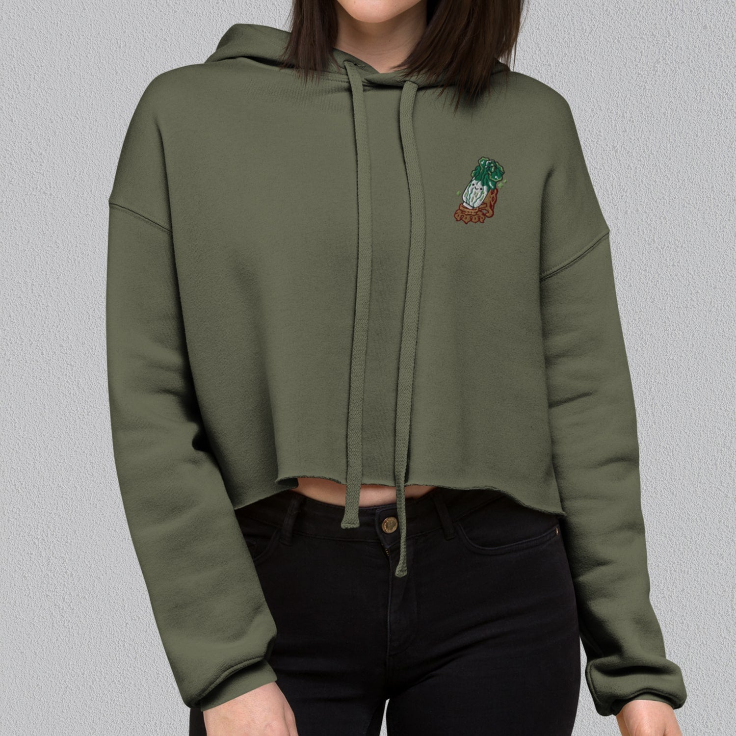 Jadeite Cabbage (Bok Choy) Embroidered Crop Hoodie - Ni De Mama Chinese Clothing