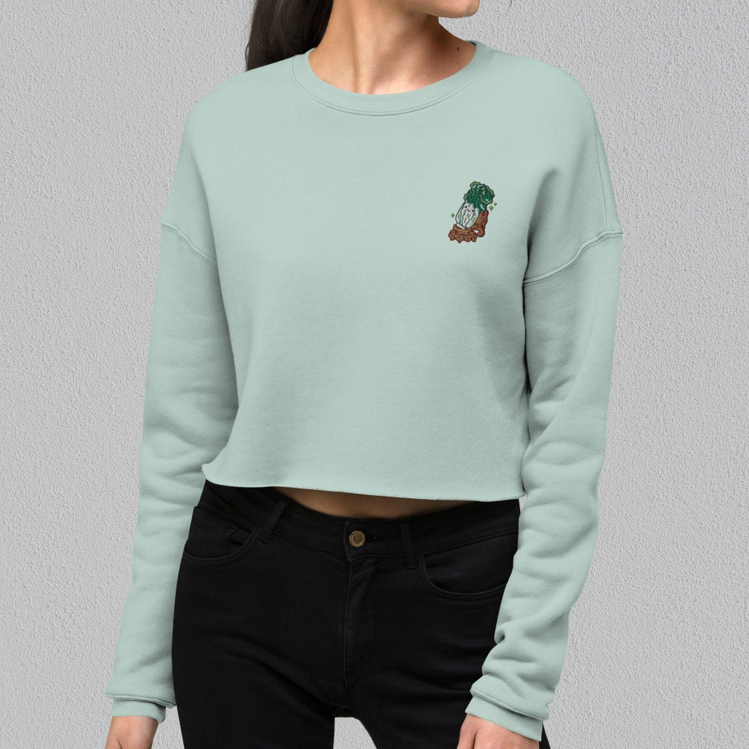 Jadeite Cabbage (Bok Choy) Embroidered Crop Sweatshirt - Ni De Mama Chinese - Inspired Clothing | Black , S