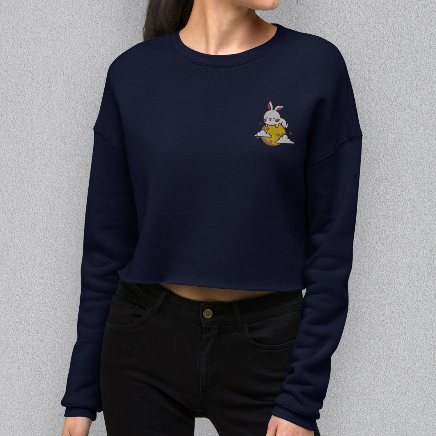 Moon Rabbit Embroidered Crop Sweatshirt - Ni De Mama Chinese Clothing