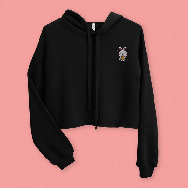 Mooncake Rabbit Embroidered Crop Hoodie - Ni De Mama Chinese - Inspired Clothing | Black , S