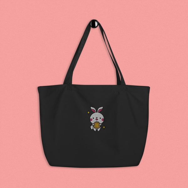 Mooncake Rabbit Embroidered Large Tote - Ni De Mama Chinese - Inspired Clothing | Black ,