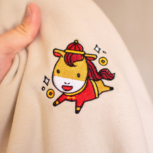 Year of the Horse Embroidered Hoodie - Ni De Mama Chinese - Inspired Clothing | Soft Cream , S