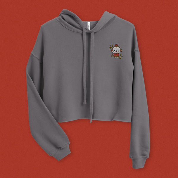 Year of the Monkey Embroidered Crop Hoodie - Ni De Mama Chinese - Inspired Clothing | Pewter Grey , S