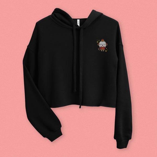 Year of the Monkey Embroidered Crop Hoodie - Ni De Mama Chinese - Inspired Clothing | Black , S