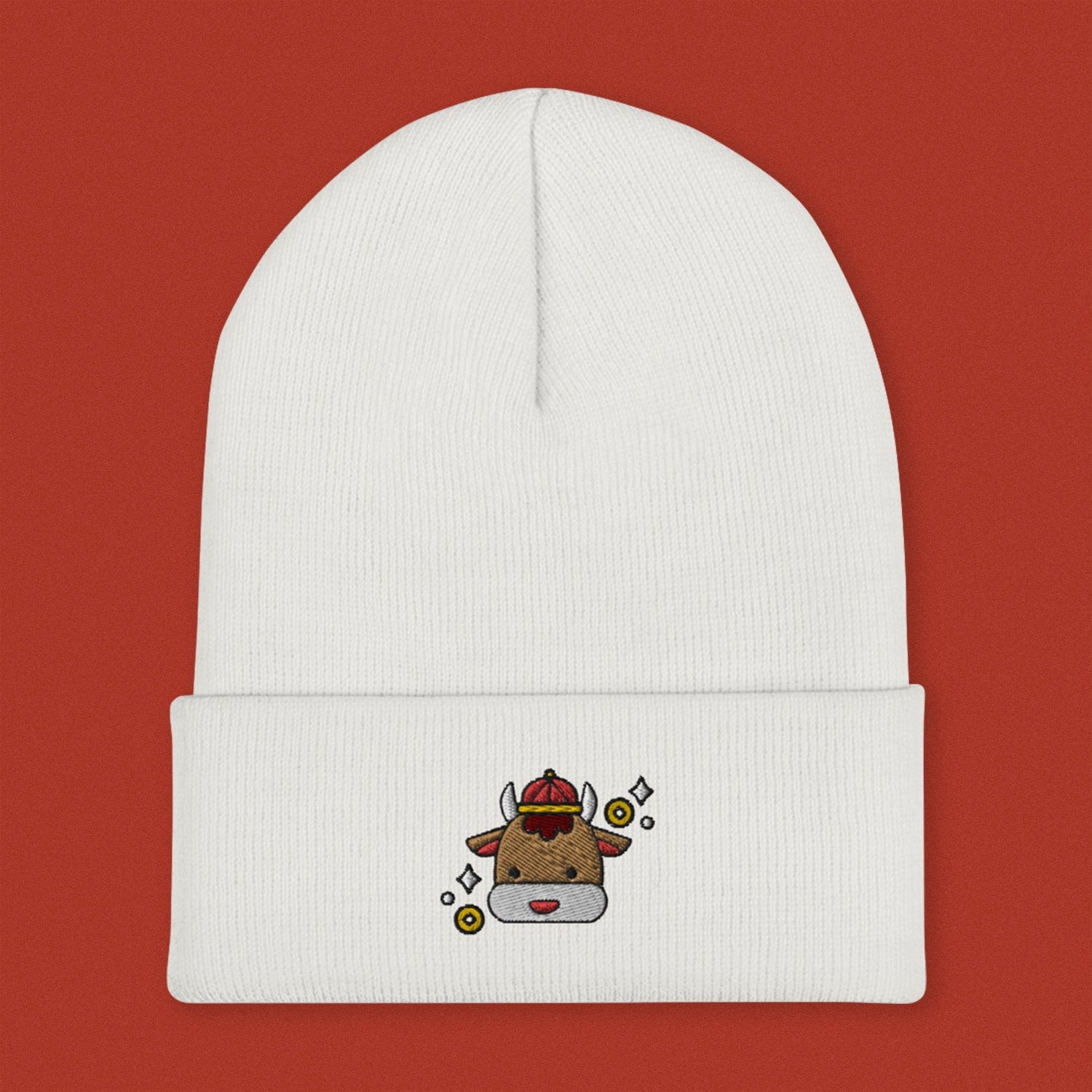 Year of the Ox Embroidered Beanie - Ni De Mama Chinese - Inspired Clothing | White ,