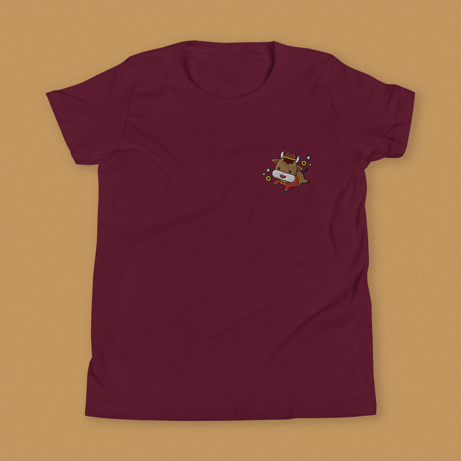 Year of the Ox Embroidered Kids T-Shirt - Ni De Mama Chinese - Inspired Clothing | Maroon , S