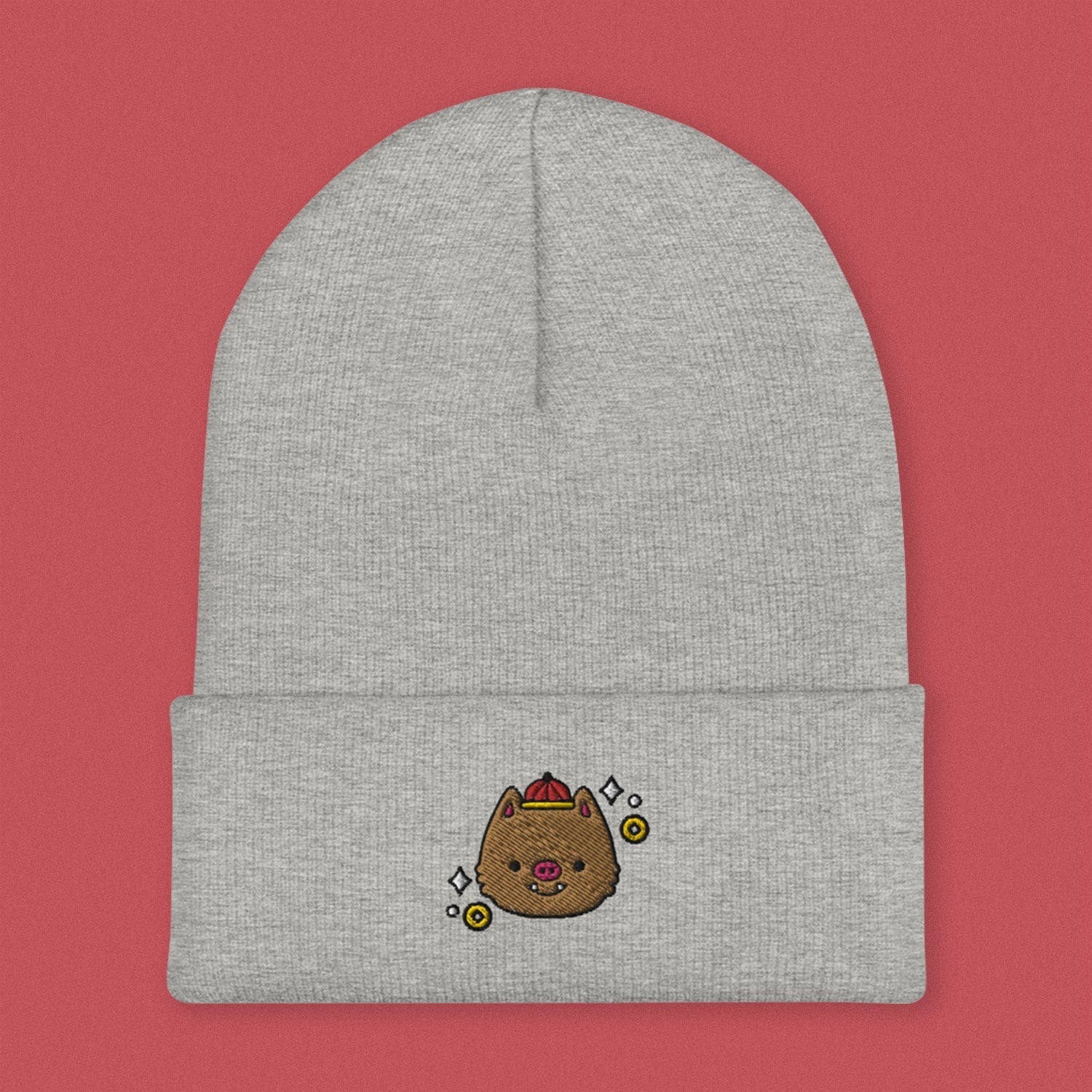 Year of the Pig Embroidered Beanie - Ni De Mama Chinese - Inspired Clothing | Heather Grey ,