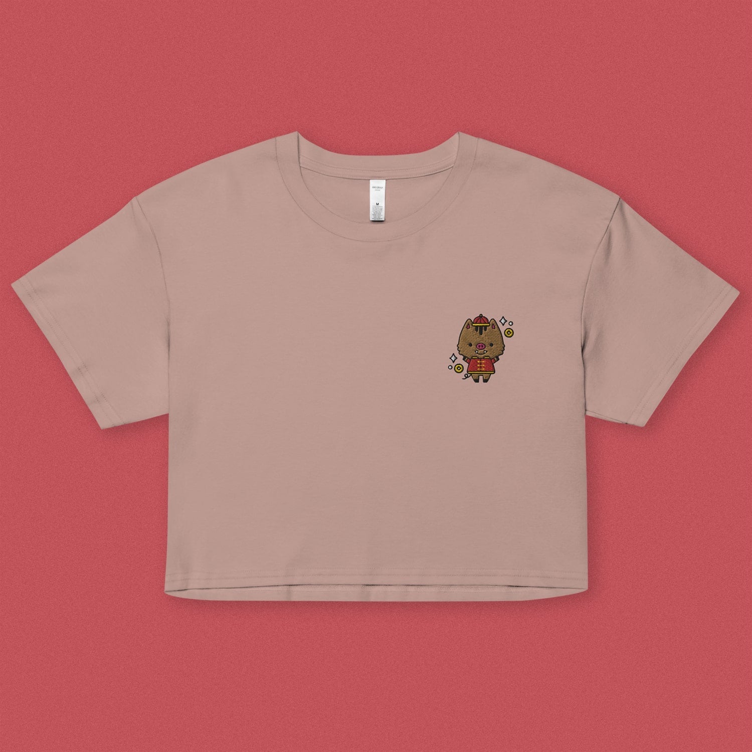 Year of the Pig Embroidered Crop T-Shirt - Ni De Mama Chinese - Inspired Clothing | Dusty Mauve , XS