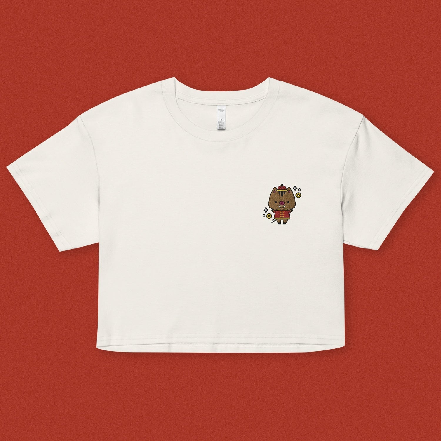 Year of the Pig Embroidered Crop T-Shirt - Ni De Mama Chinese - Inspired Clothing | Ivory White , XS