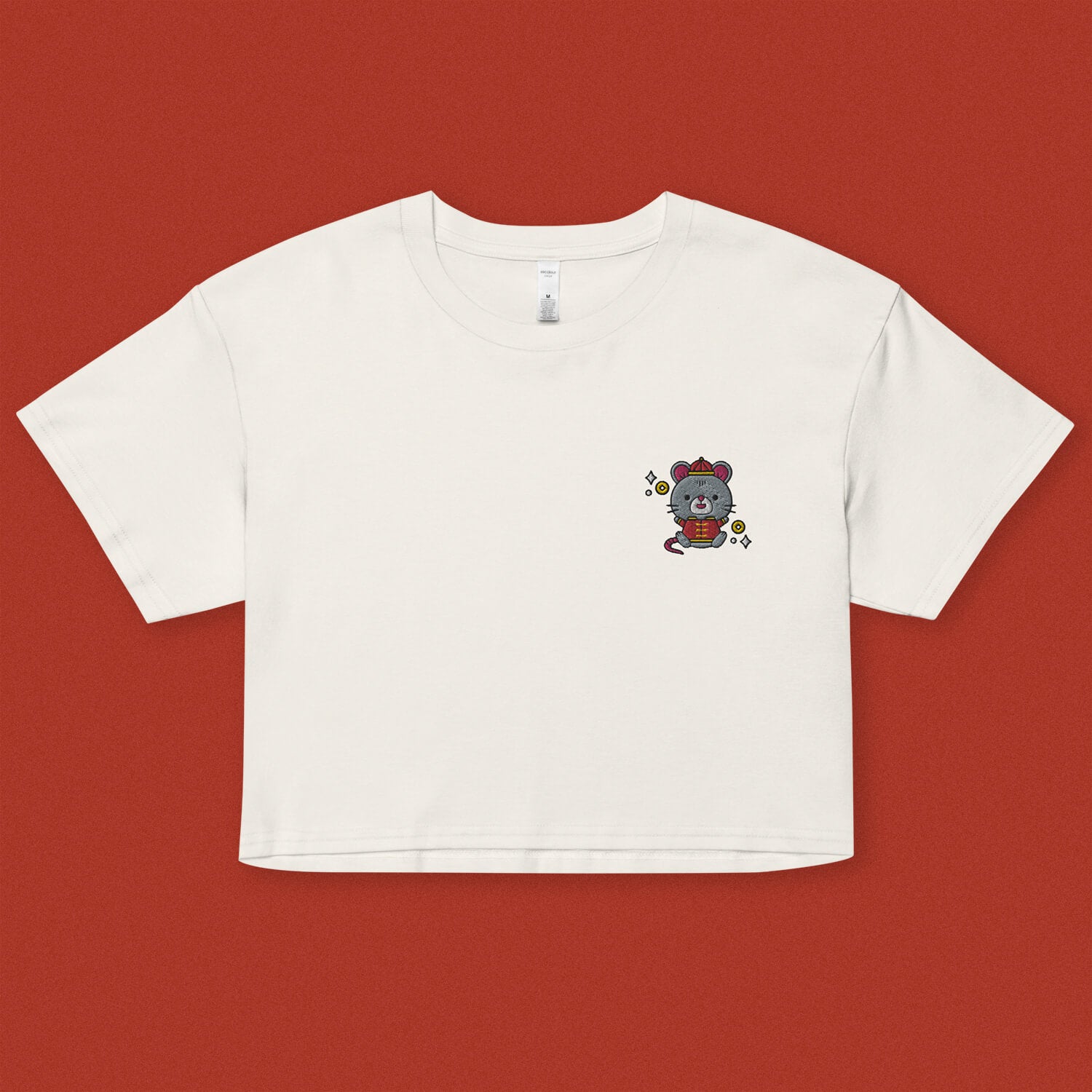 Year of the Rat Embroidered Crop T-Shirt - Ni De Mama Chinese - Inspired Clothing | Ivory White , XS