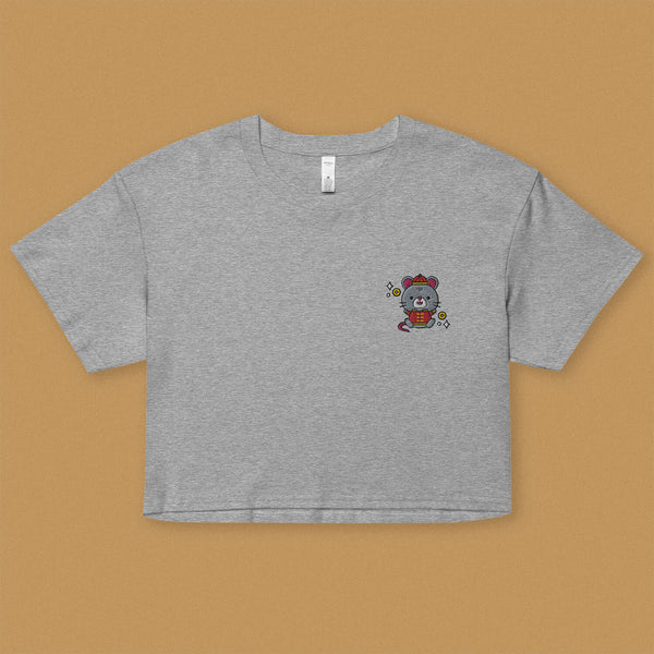 Year of the Rat Embroidered Crop T-Shirt - Ni De Mama Chinese - Inspired Clothing | Heather Grey , XS