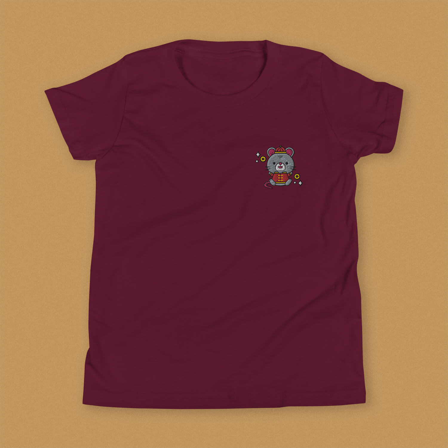 Year of the Rat Embroidered Kids T-Shirt - Ni De Mama Chinese - Inspired Clothing | Maroon , S