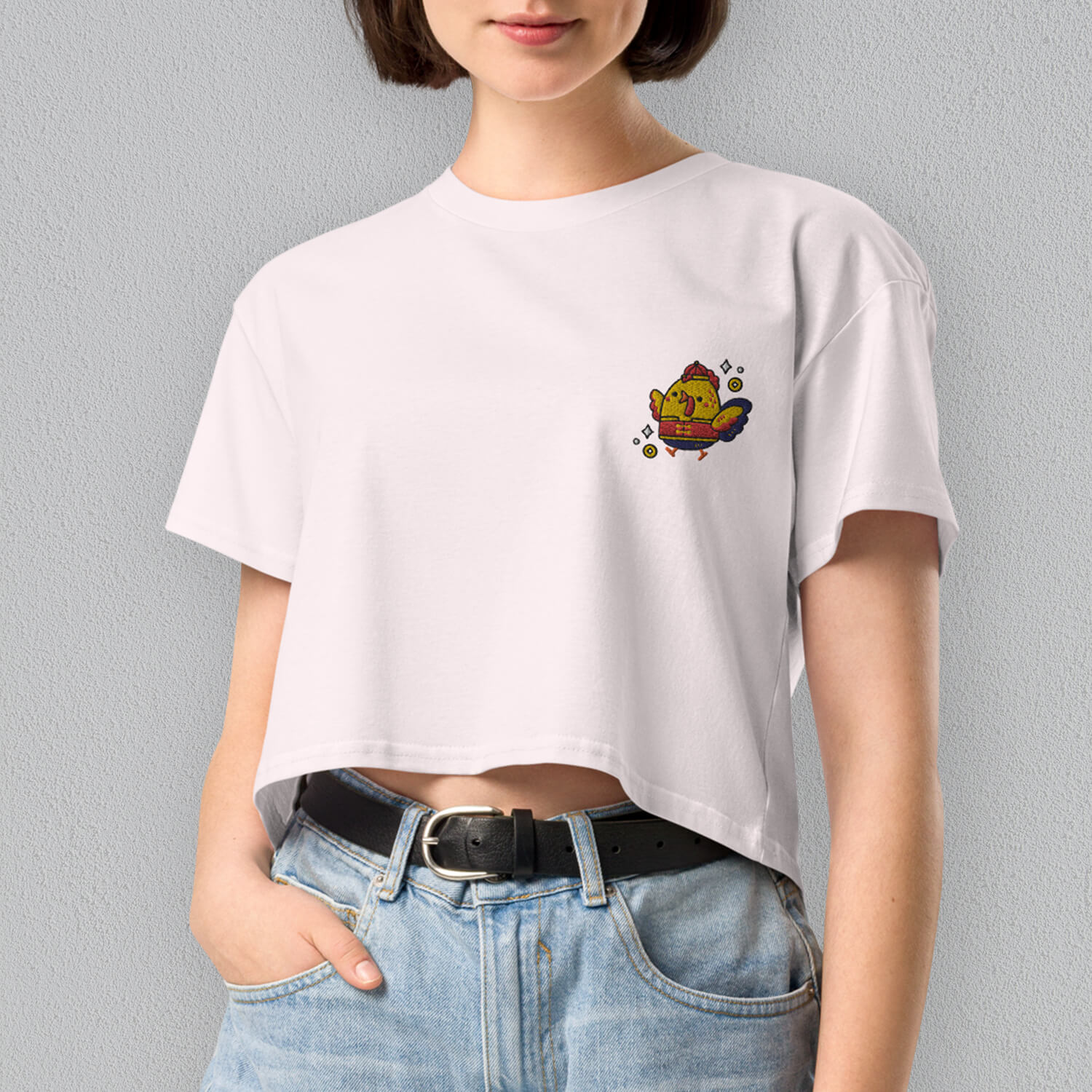 Year of the Rooster Embroidered Crop T-Shirt - Ni De Mama Chinese - Inspired Clothing | Ivory White , XS