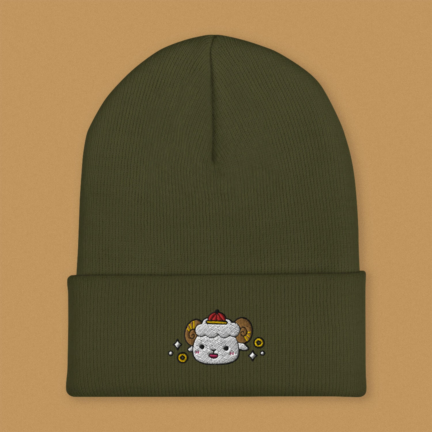 Year of the Sheep Embroidered Beanie - Ni De Mama Chinese - Inspired Clothing | Olive Green ,