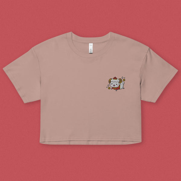 Year of the Sheep Embroidered Crop T-Shirt - Ni De Mama Chinese - Inspired Clothing | Dusty Mauve , XS