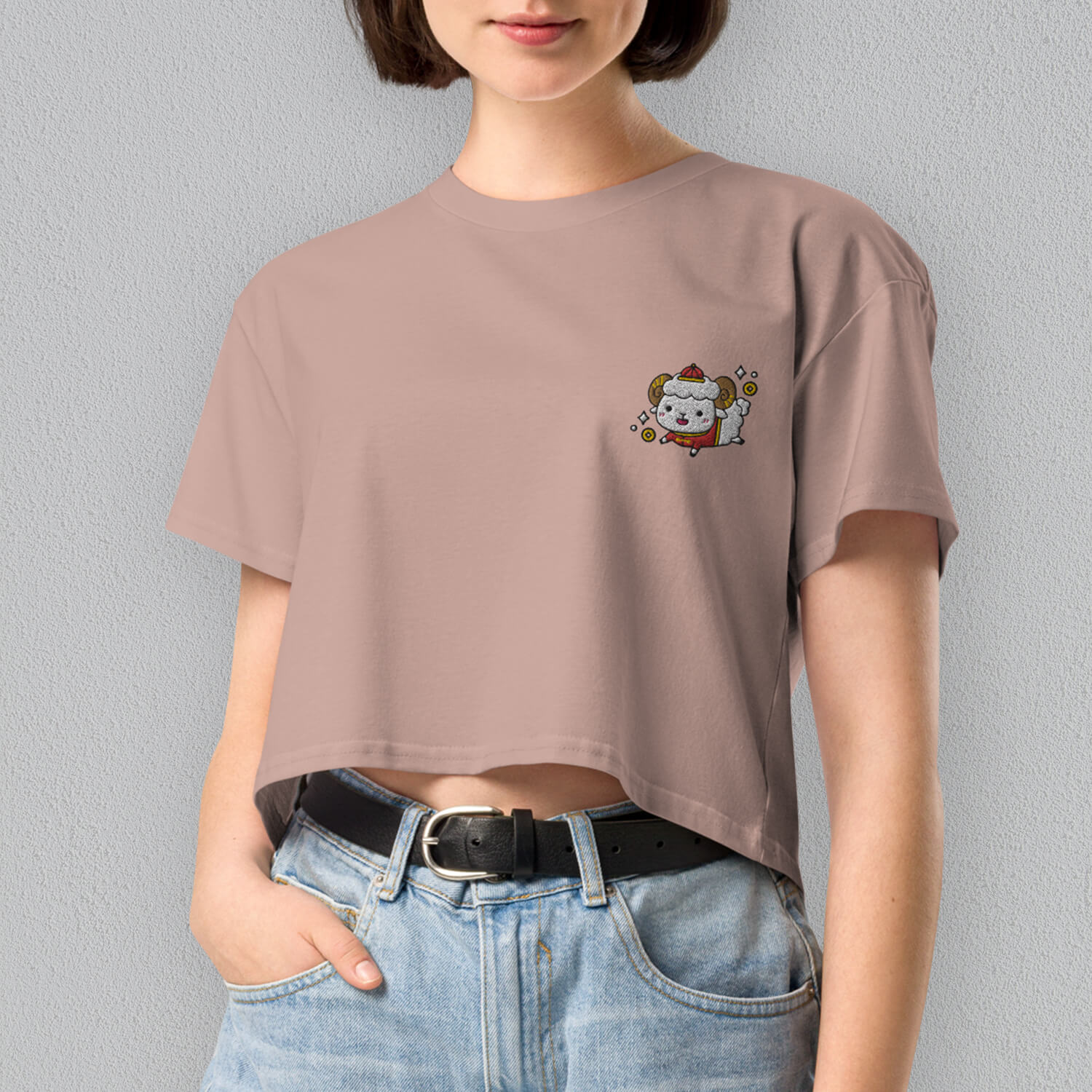 Year of the Sheep Embroidered Crop T-Shirt - Ni De Mama Chinese - Inspired Clothing | Soft Orchid , XS